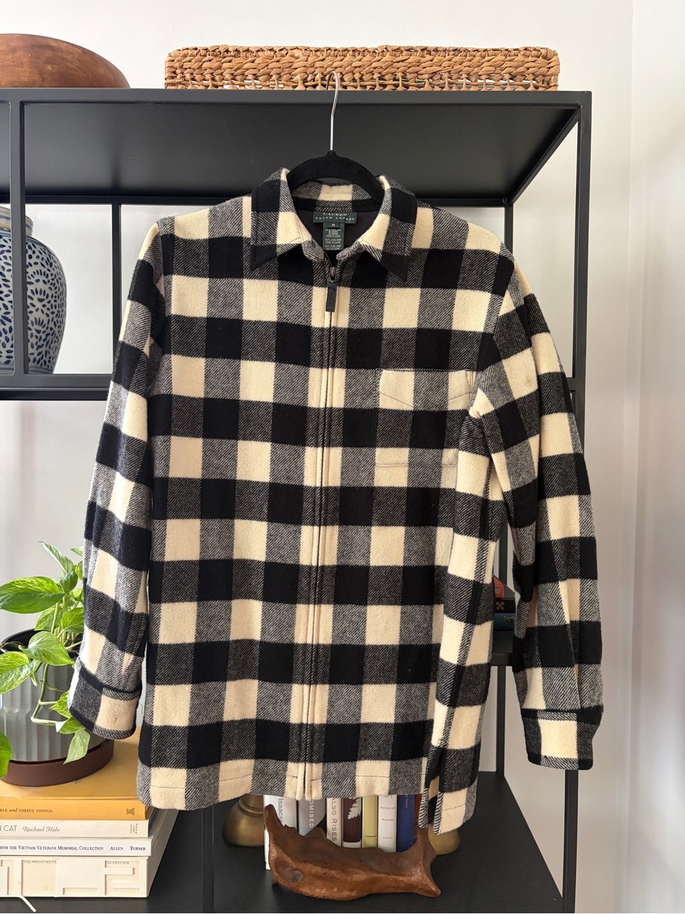 Ralph Lauren Black and Cream Buffalo Check Zip Sweater